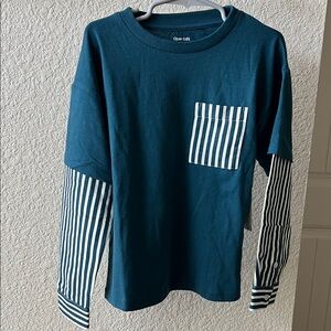 Open Edit Teal and White Striped Long Sleeve Kids Tee